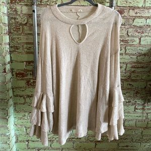 Cream Bell-sleeved keyhole sweater tunic with slight staining